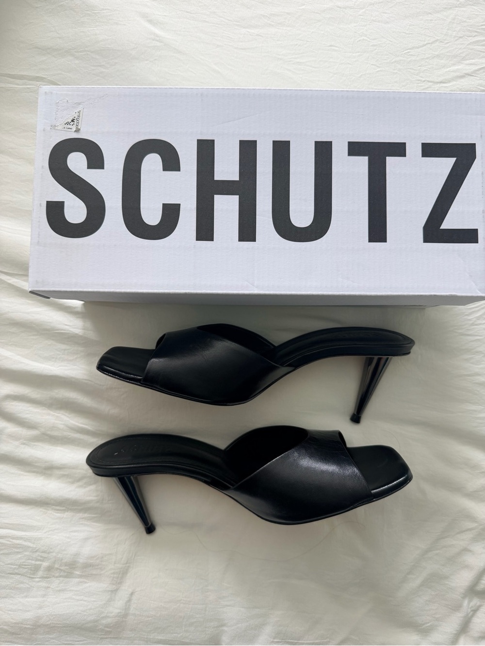 SCHUTZ Black Leather Cross-Band Slide Heels